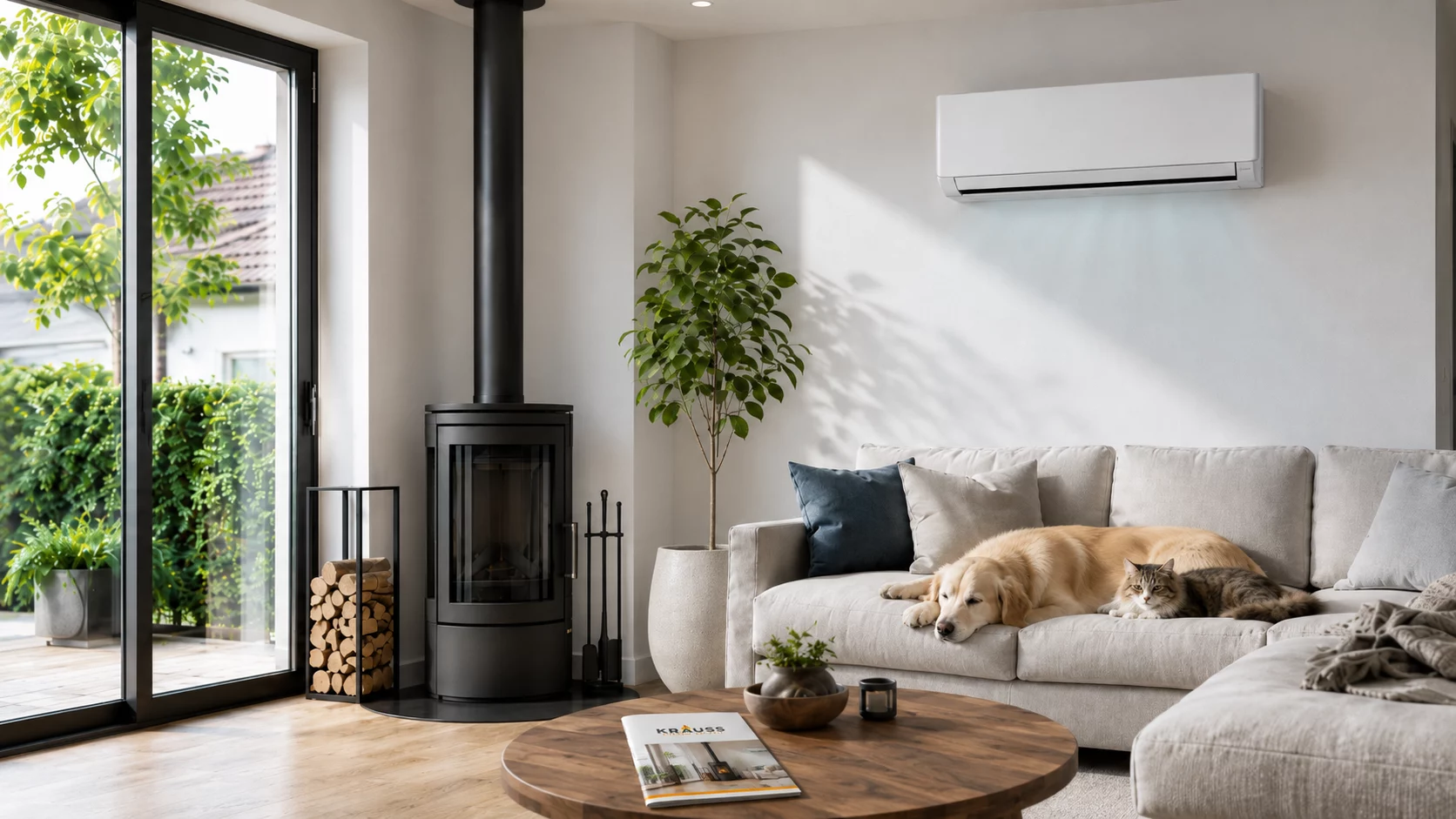 Klimaanlage Hochsommer Modernes Wohnzimmer mit unauffälligem Innengerät einer Split-Klimaanlage