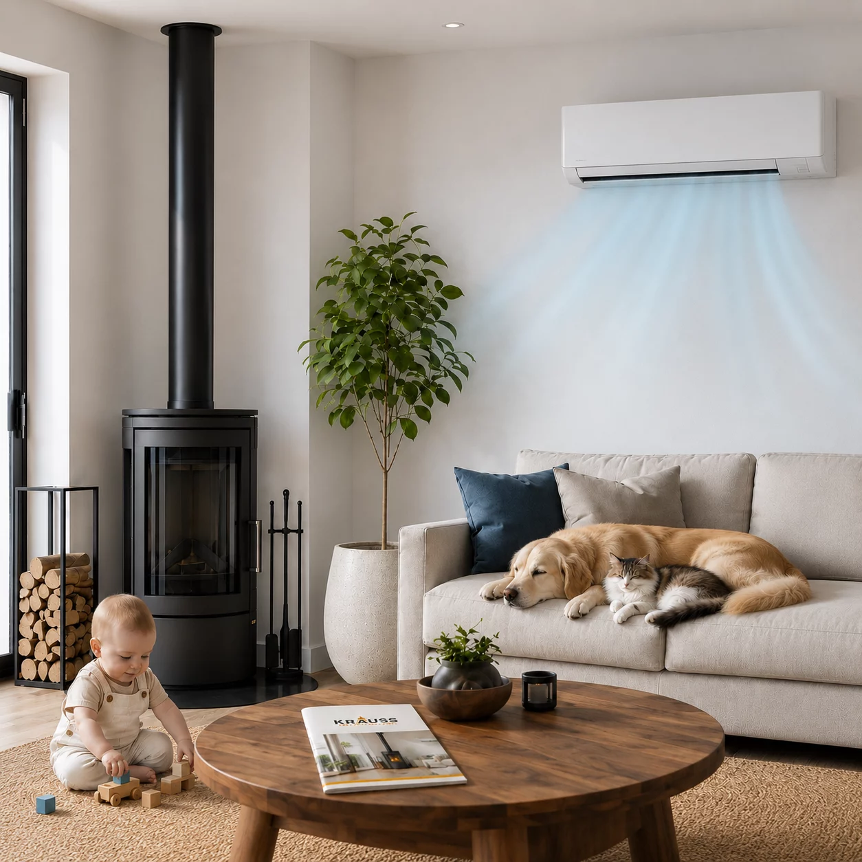 Split-Klimaanlage und ausgeschalteter Kaminofen in einem sommerlichen Wohnzimmer mit Hund und Katze