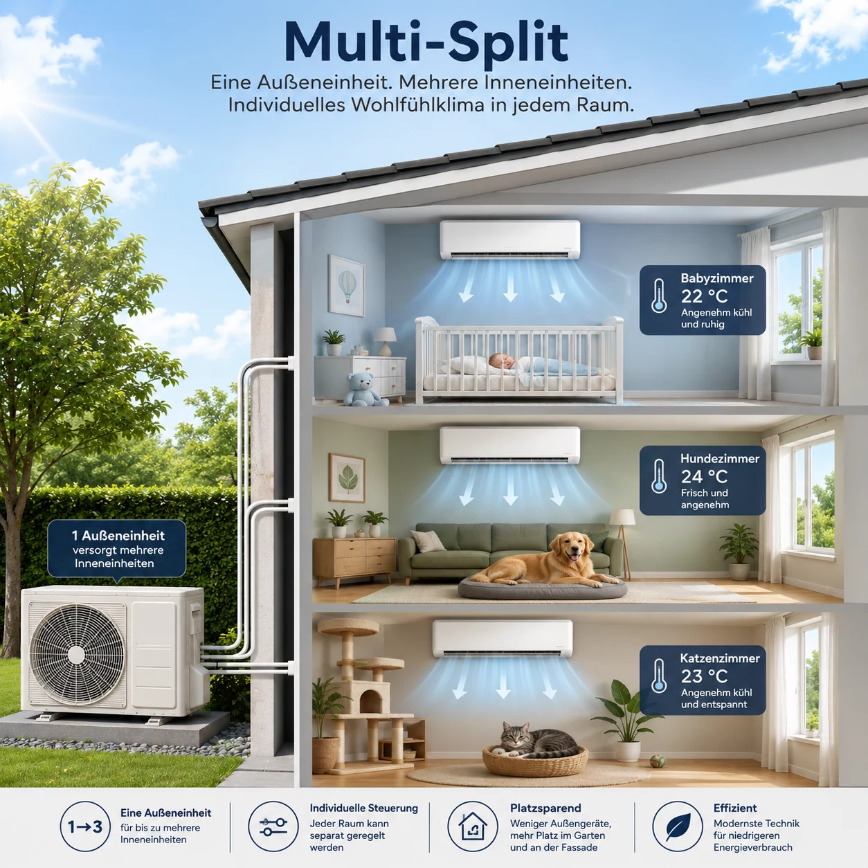 Multi-Split-Klimaanlage – mehrere Räume individuell kühlen Illustration einer Multi-Split-Klimaanlage mit einem Außengerät und mehreren Innengeräten für Babyzimmer, Hundezimmer und Katzenzimmer