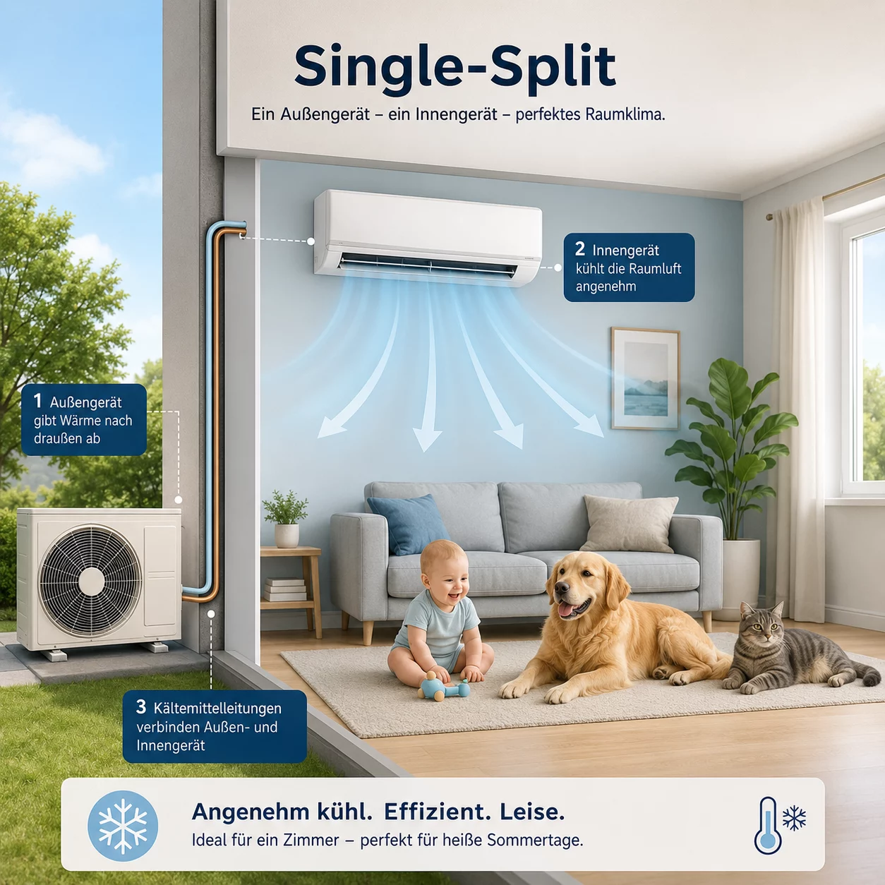 Single-Split-Klimaanlage – Funktionsweise einfach erklärt Illustration einer Single-Split-Klimaanlage mit einem Außengerät und einem Innengerät in einem Raum mit Baby, Hund und Katze